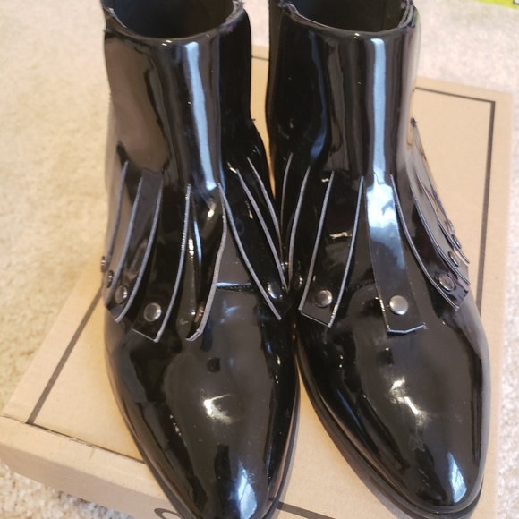 Black Patent Ankle Bootie with Fringe Detail - Picture 2 of 4